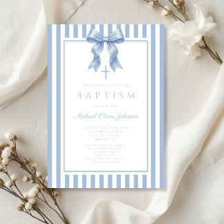 Elegante Blaue Kokette Schleife Jungen Taufe Einladung