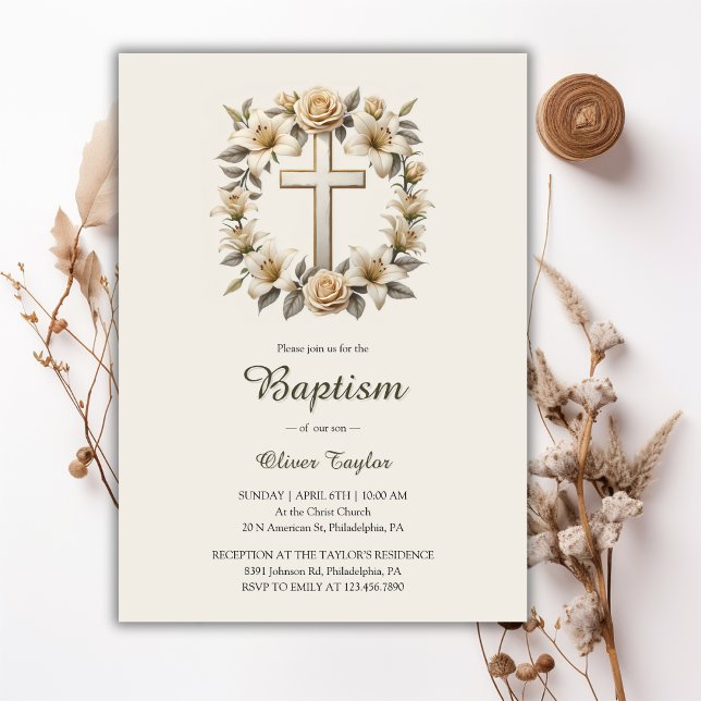 Elegante, blaue Kreuzung neutrale Taufe Einladung (Classic Gender Neutral Baptism Invitation with Modern Floral Cross Design)
