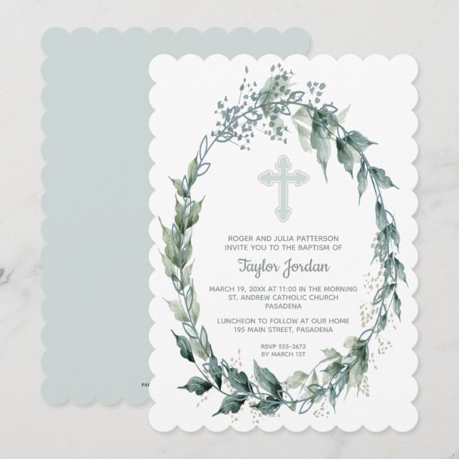 Elegante Blaue Kreuzung Wreath Taufe einladen (Vorne/Hinten)