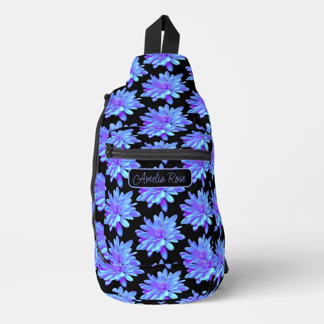 Elegante, blaue lila Blume Crossbody Bag (Vorderseite)