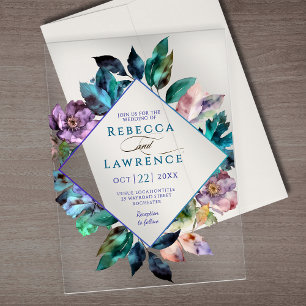 Elegante blaue lila stimmungsvolle Hochzeit Acryleinladungen