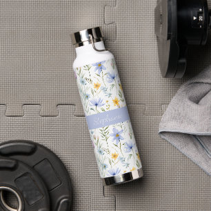 Elegante Blaue Lila Wildblumen-Wasserfarbe Name Trinkflasche
