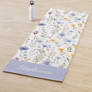 Elegante Blaue Lila Wildblumen-Wasserfarbe Name Yogamatte