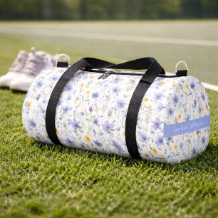 Elegante Blaue Lila Wildblumen-Wasserfarben-Name Duffle Bag