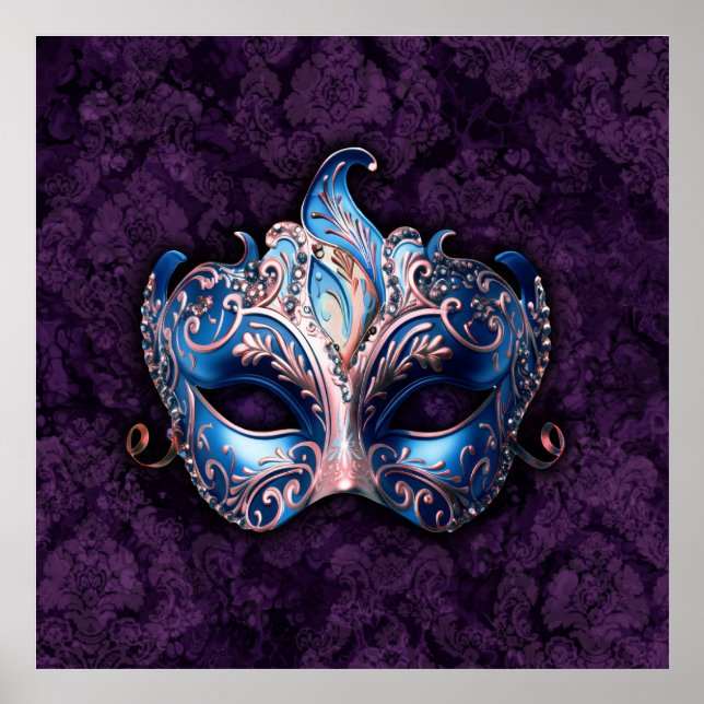 Elegante blaue Maske für den Masquerade-Ball Poster (Vorne)