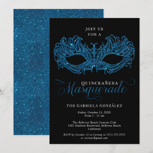 Elegante Blaue Masquerade Maske Quinceanera Einladung