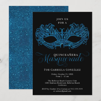 Elegante Blaue Masquerade Maske Quinceanera Einladung