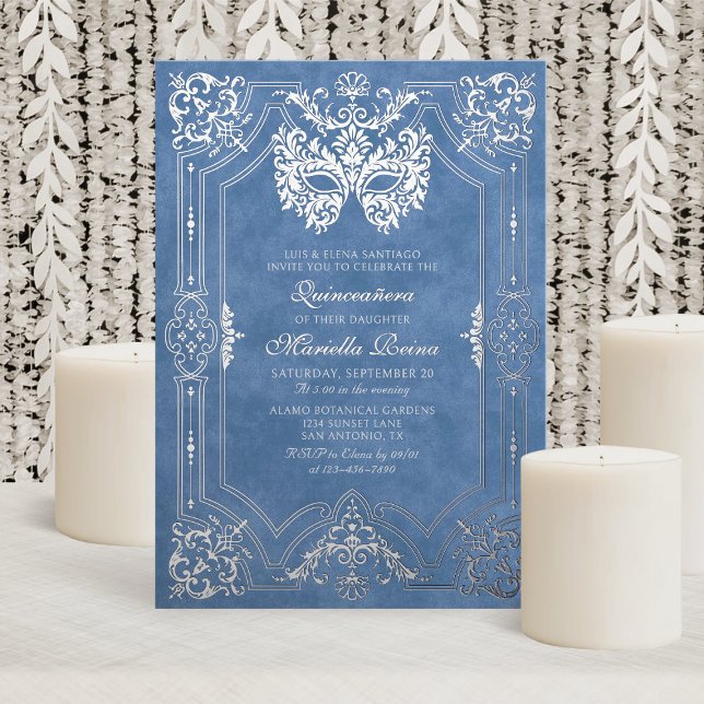 Elegante Blaue Masquerade Maske Quinceanera Folieneinladung (Von Creator hochgeladen)