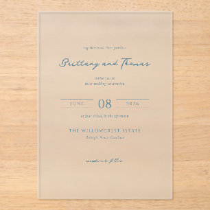 Elegante blaue minimalistische Hochzeit Acryleinladungen