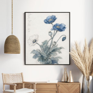Elegante Blaue Mohnblumen Botanische Kunst Poster