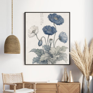 Elegante Blaue Mohnblumen Botanische Kunst Poster