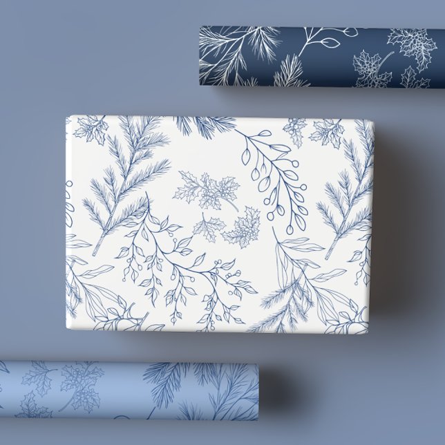 Elegante blaue monochrome rustikale Winter Botanic Geschenkpapier Set (Von Creator hochgeladen)