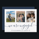Elegante blaue Multifoto-Verlobte Ankündigung<br><div class="desc">Elegante Blue Verlobung-Ankündigungskarte mit 3 Ihrer Fotos,  mit Engagement Party-Einladung auf der Rückseite. Einfach zu personalisieren.</div>