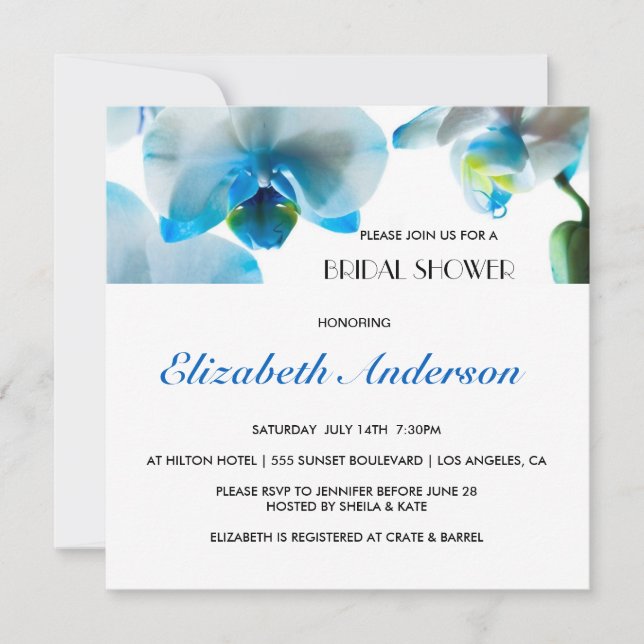 Elegante blaue Orchideen-Brautparty-Einladung Einladung (Vorderseite)