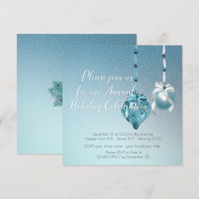 Elegante blaue Ornamente Damask Weihnachts-Party Einladung (Vorne/Hinten)