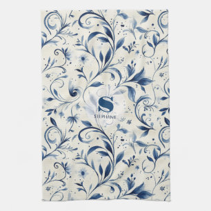 Elegante blaue Paisley-Blätter - weißer Hintergrun Geschirrtuch