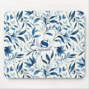 Elegante blaue Paisley-Blätter - weißer Hintergrun Mousepad