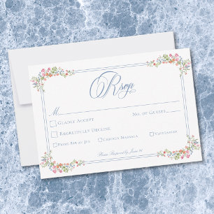 Elegante blaue Pastell-Wildblumen-Rand-Hochzeit RSVP Karte