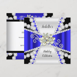 Elegante Blaue Perle Schwarz Weiß Diamant Geburtst Einladung