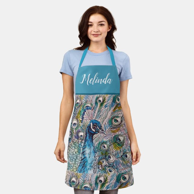 Elegante Blaue Pfaue Watercolor Schürze (Getragen)