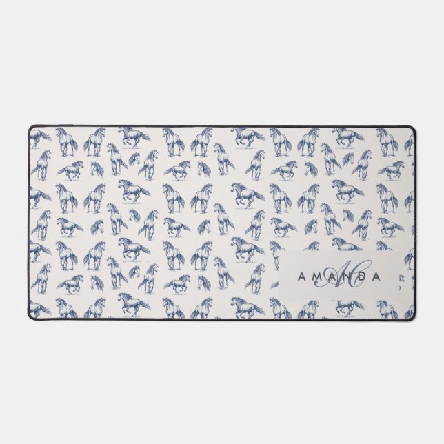 Elegante Blaue Pferde Mit Monogramm Erstgeschenke Schreibtischunterlage (Vorderseite)