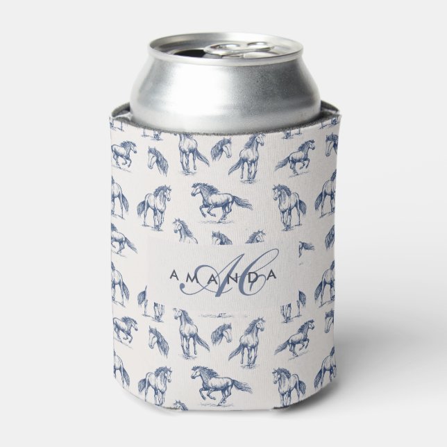Elegante blaue Pferde monogrammierte Initialgesche Dosenkühler (Kanne Vorderseite)