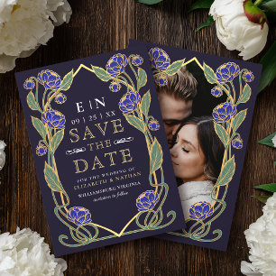 Elegante Blaue Pfingstrose Art Nouveau Hochzeitsfo Save The Date