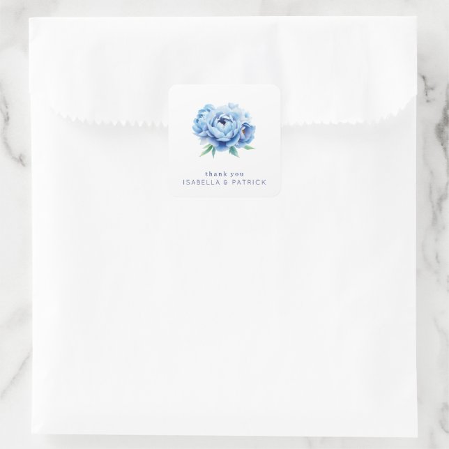 Elegante Blaue Pfingstrose Danksagungskarte Quadratischer Aufkleber (Tasche)