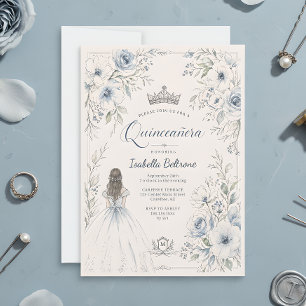 Elegante blaue Prinzessin Floral Quinceañera Einladung