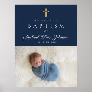 Elegante blaue religiöse Kreuz-Jungen-Taufe Willko Poster