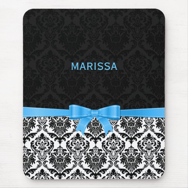 Elegante blaue Ribbon Black & White Damaskus 2 Mousepad (Vorne)