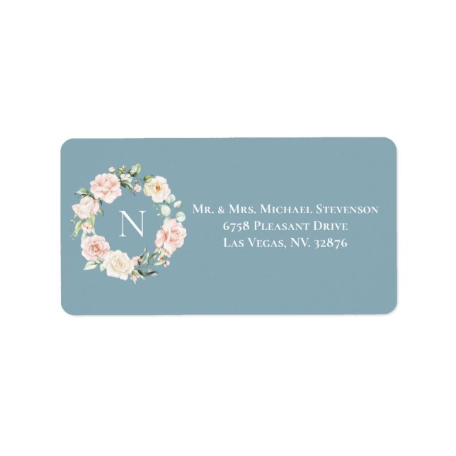 Elegante blaue Rosa-Rosa-Rosa-Monogramm-Hochzeit Adressaufkleber (Vorne)
