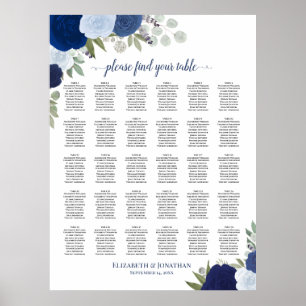 Elegante blaue Rose 30 Tabelle Seating Chart Poster