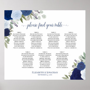 Elegante blaue Rose 7 Tabelle Seating Chart Poster