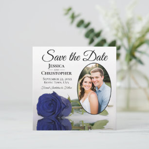 Elegante blaue Rose auf weißem ovalem Foto-Hochzei Save The Date