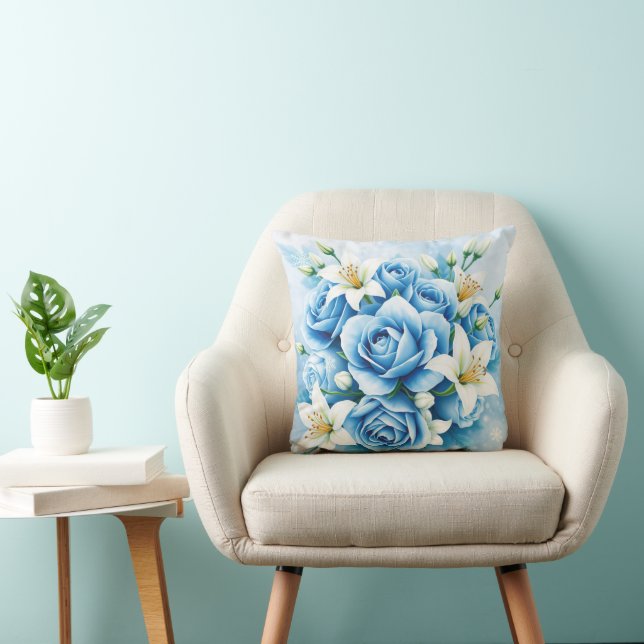 Elegante blaue Rose Blumenstrauß drucken Kissen (Stuhl )