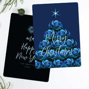 Elegante Blaue Rose Florale Weihnachtsbaum Karte