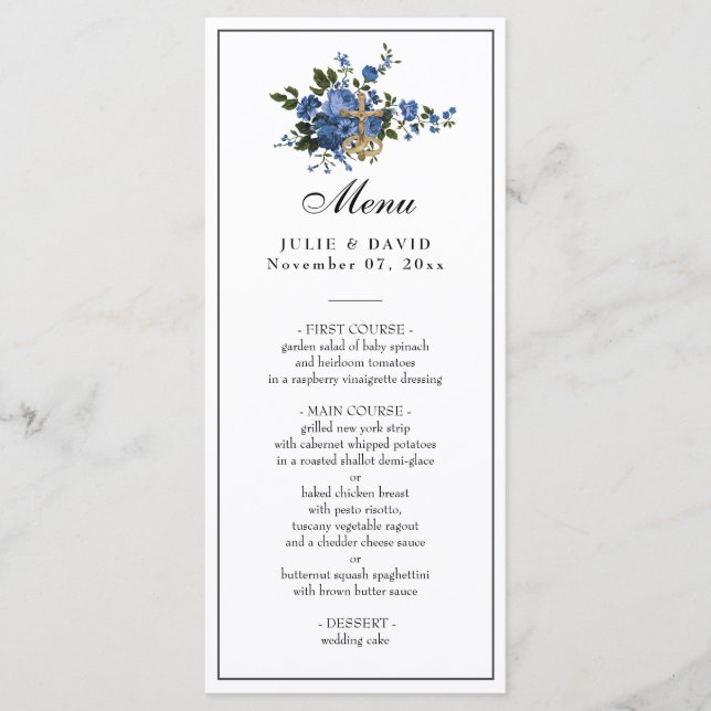 Elegante blaue Rose Hochzeit religiös Menükarte (Vorderseite)