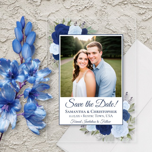 Elegante blaue Rose Hochzeitssache Das Date-Foto s Acryleinladungen (Clear Acrylic with Rectangle Cut)