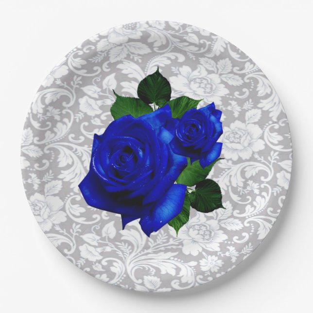 Elegante blaue Rose Hochzeitszettel Pappteller (Vorderseite)