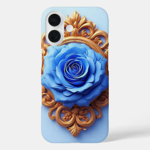 Elegante blaue Rose in Verziertem Goldrahmen iPhone 16 Hülle