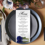 Elegante blaue Rose mit Reflektionen Hochzeit Menükarte<br><div class="desc">Dieses schöne Menü wird Ihrem Hochzeitsempfang etwas mehr Stil verleihen. Es zeichnet sich durch ein wunderschönes und romantisches Design aus. Die Single-Rose ist in marineblau gehalten und spiegelt sich in einem Wasserbecken mit Wellen und Wellen wider. Es gibt Platz für die Namen des Paares und das Hochzeitstag, und der Text...</div>