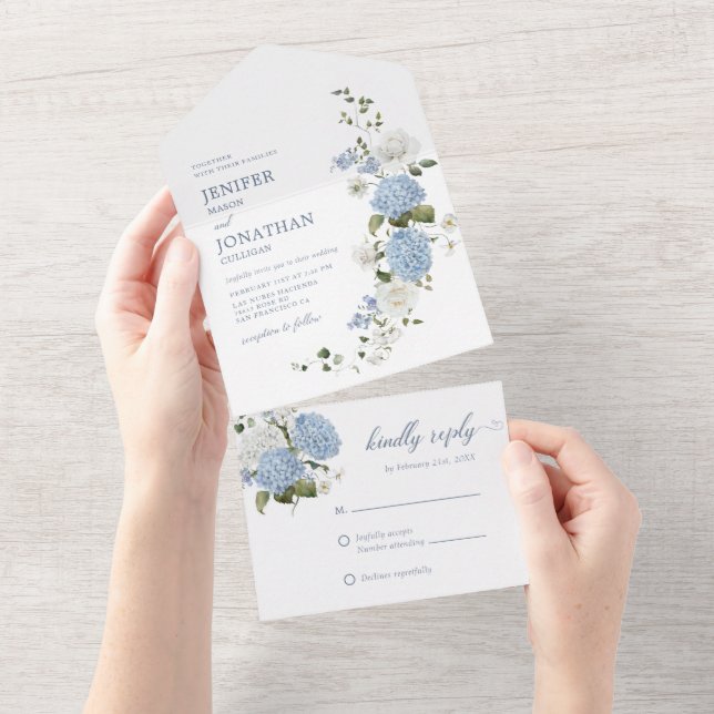 Elegante blaue Rosen mit Blumen All In One Einladung (Abreißen)