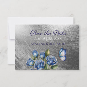 Elegante Blaue Rosen Schmetterling Silber Hochzeit Save The Date