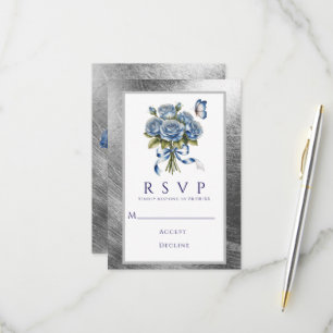 Elegante Blaue Rosen Schmetterling Silberne Hochze RSVP Karte