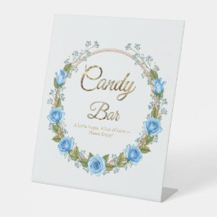 Elegante blaue Rosen und Baby's Breath Candy Bar Sockelschild