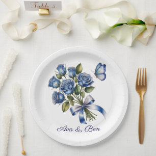 Elegante blaue Rosen und Schmetterling silberne Ho Pappteller