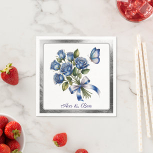 Elegante blaue Rosen und Schmetterling silberne Ho Serviette