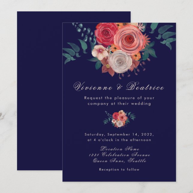 Elegante blaue rote Rosen Einladung zur Hochzeit (Vorne/Hinten)
