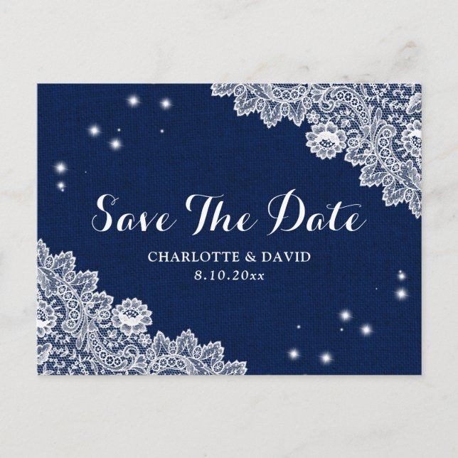 Elegante blaue, rustikale Hochzeit rettet das Datu Ankündigungspostkarte (Vorderseite)
